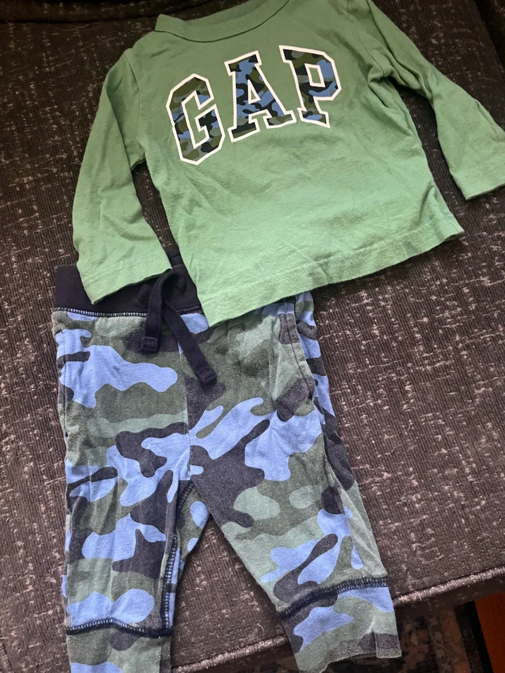 GAP Green Long Sleeve Tee with Blue & Black Camo Letters